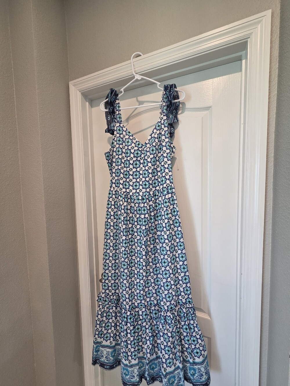 NWT Lucky Brand Blue Geometric Medallion Flutter Sleeve Tiered Maxi Dress XL